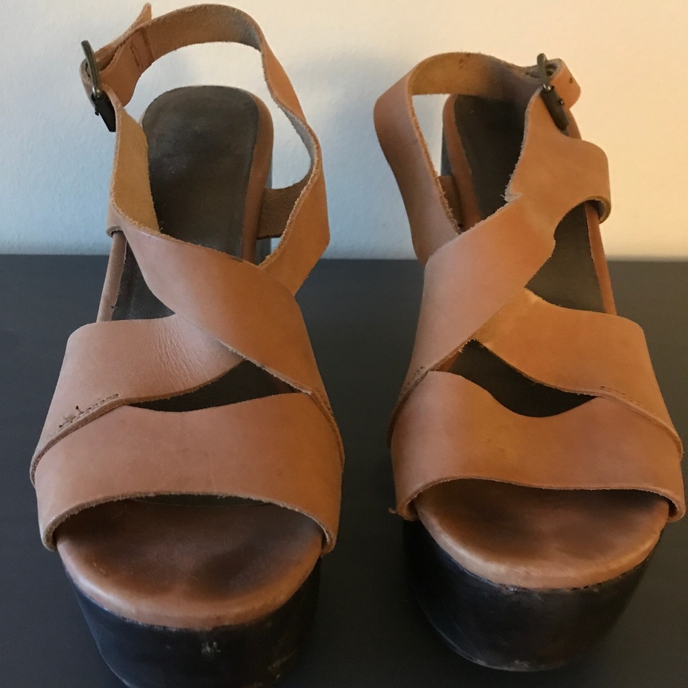 Joie Tan Leather Wood Wedge Platforms - Size 39
